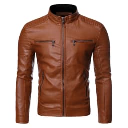 image-PU Leather Jacket - Men's Stand Collar Striped Black