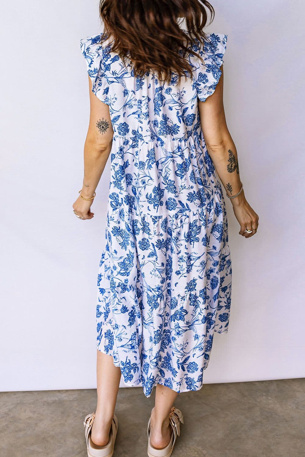 image-Blue Ruffled Short Sleeve Tiered Floral Midi Dress