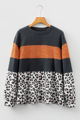 image-Black Color Block Leopard Patchwork Long Sleeve Casual Top