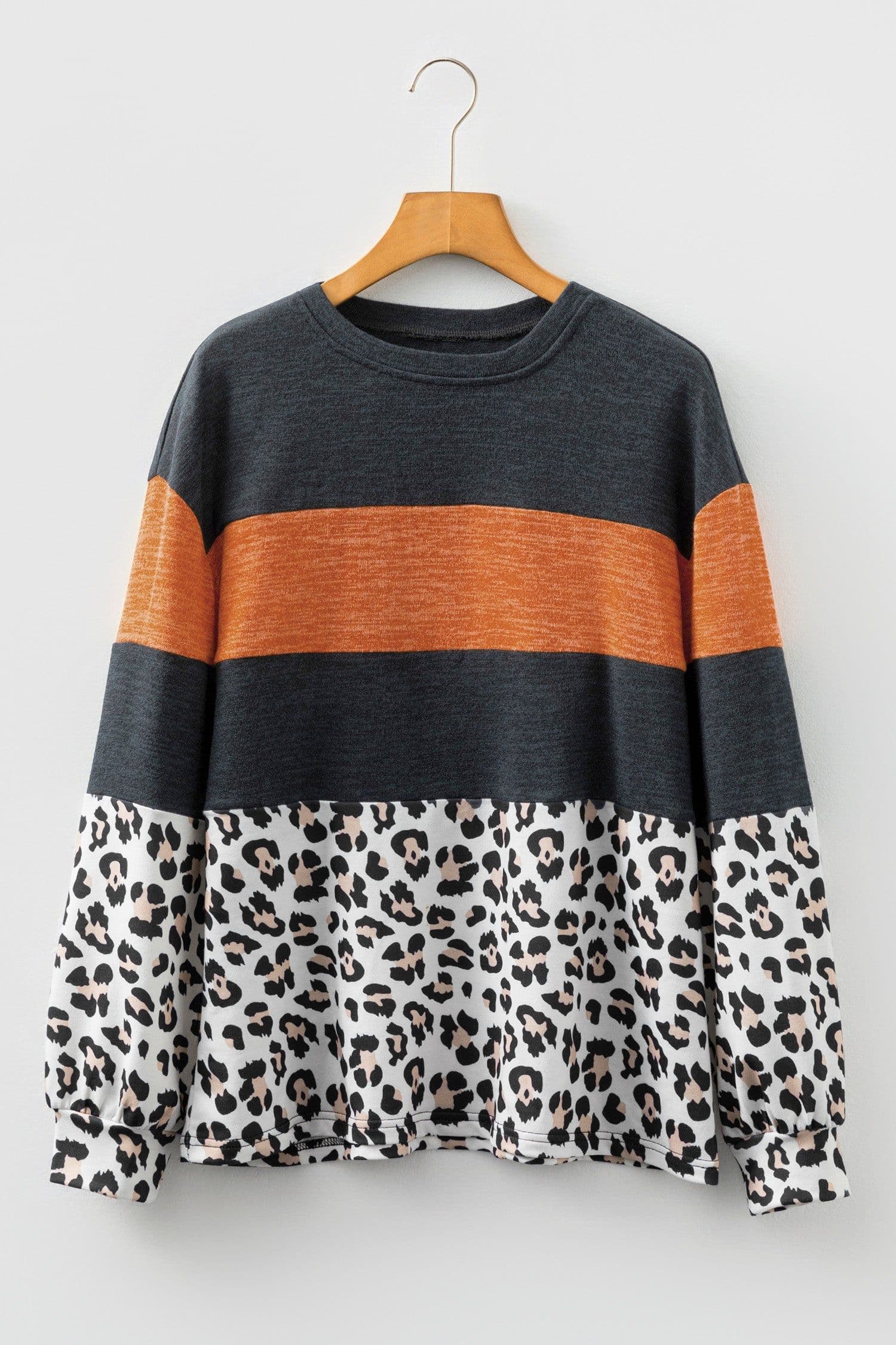 image-Black Color Block Leopard Patchwork Long Sleeve Casual Top