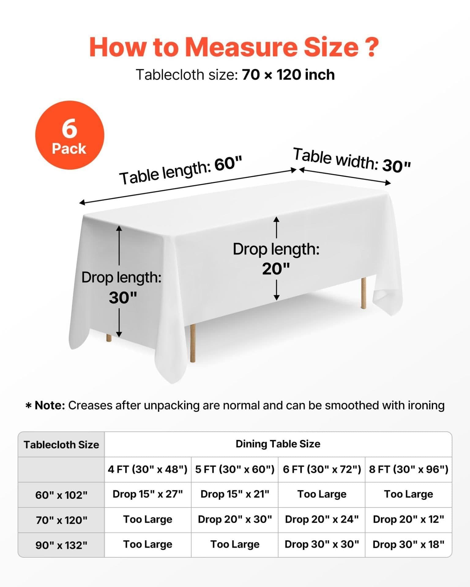 image-VEVOR White Rectangle Tablecloths - 6 Pack 70x120" Polyester