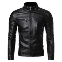 image-PU Leather Jacket - Men's Stand Collar Striped Black