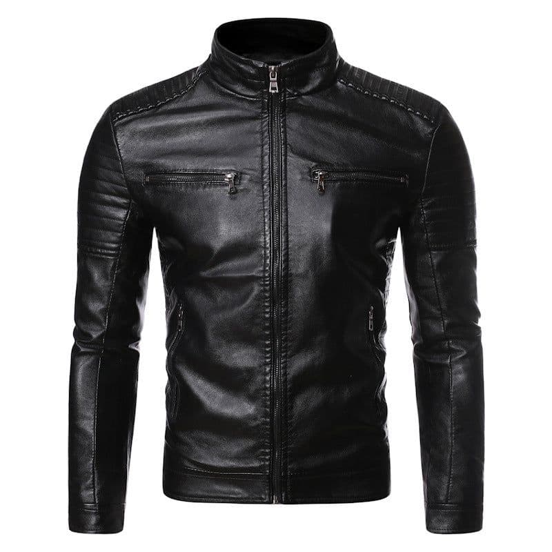image-PU Leather Jacket - Men's Stand Collar Striped Black