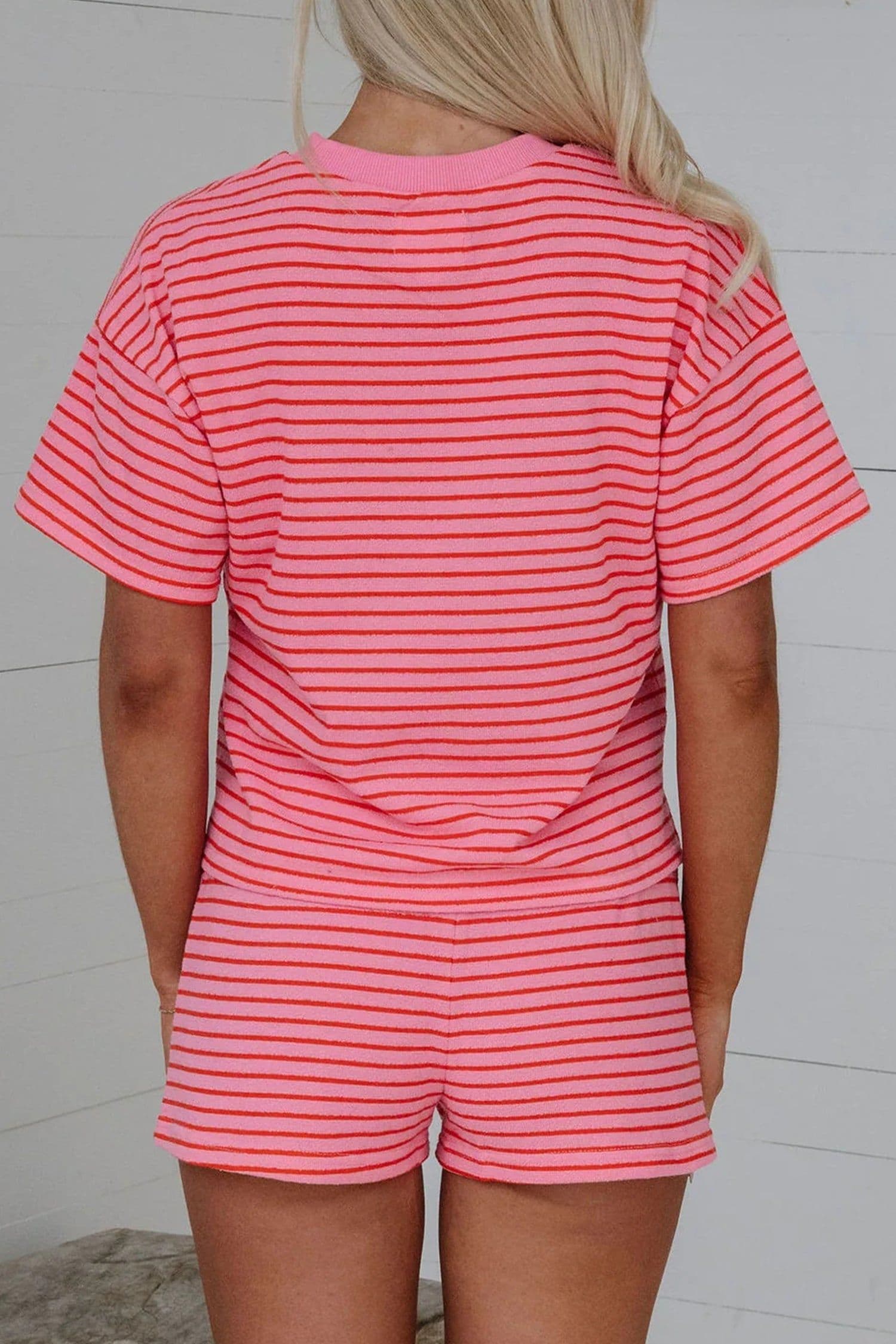 image-Rose Stripe Side Split Knit Tee Drawstring Shorts Set