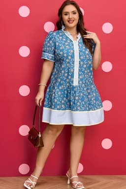 image-Blue Plus Size Floral Print Striped Patchwork Detail Button Front Ruffle Hem Dress