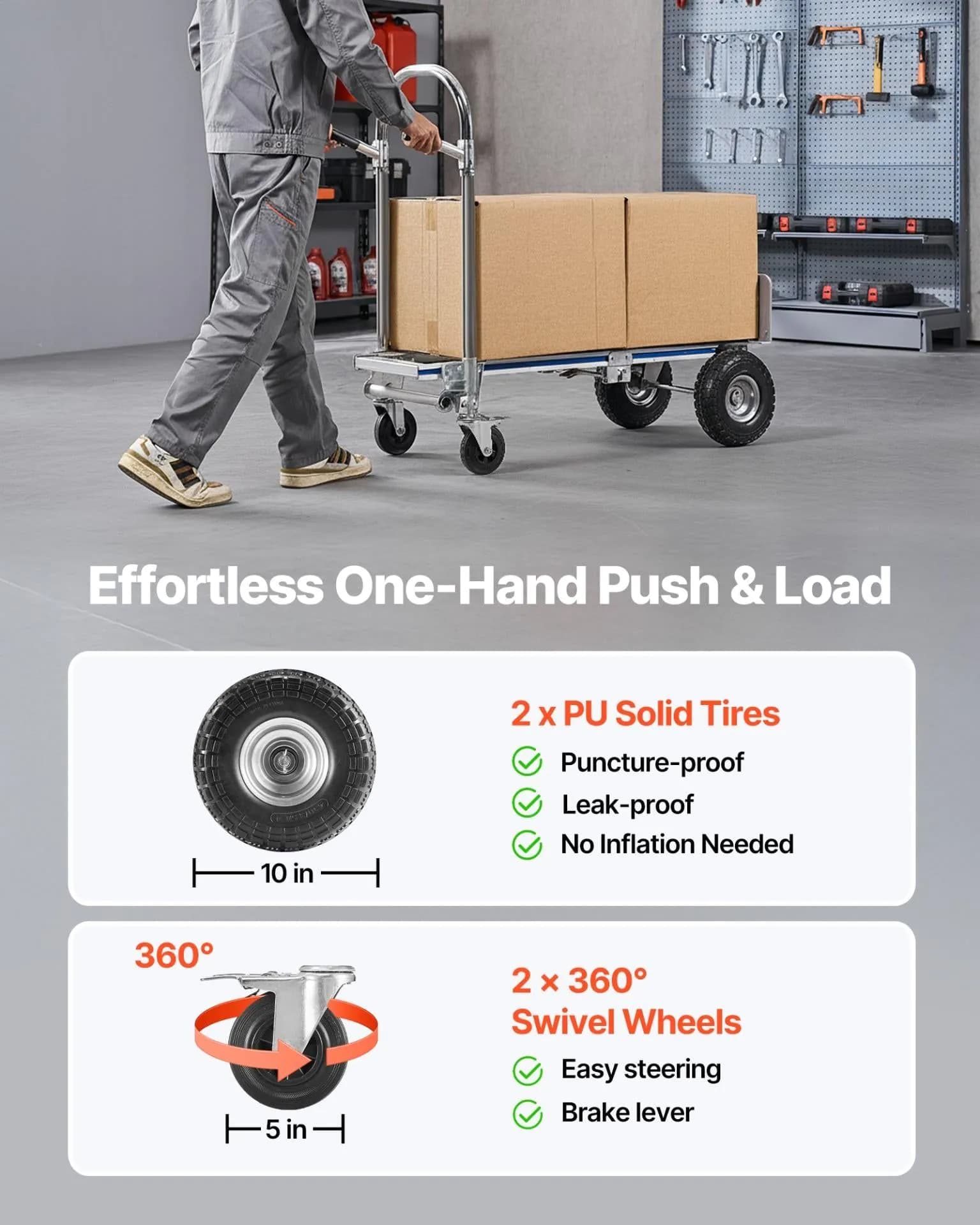 image-VEVOR 2 in 1 Hand Truck, 1000 lbs Load Capacity for 4-Wheel Mode, Convertible Hand Truck Dolly with Non-Slip Handle & Wheels, Portable Trolley Dolly for Moving Home, Office, Warehouse, Supermarket