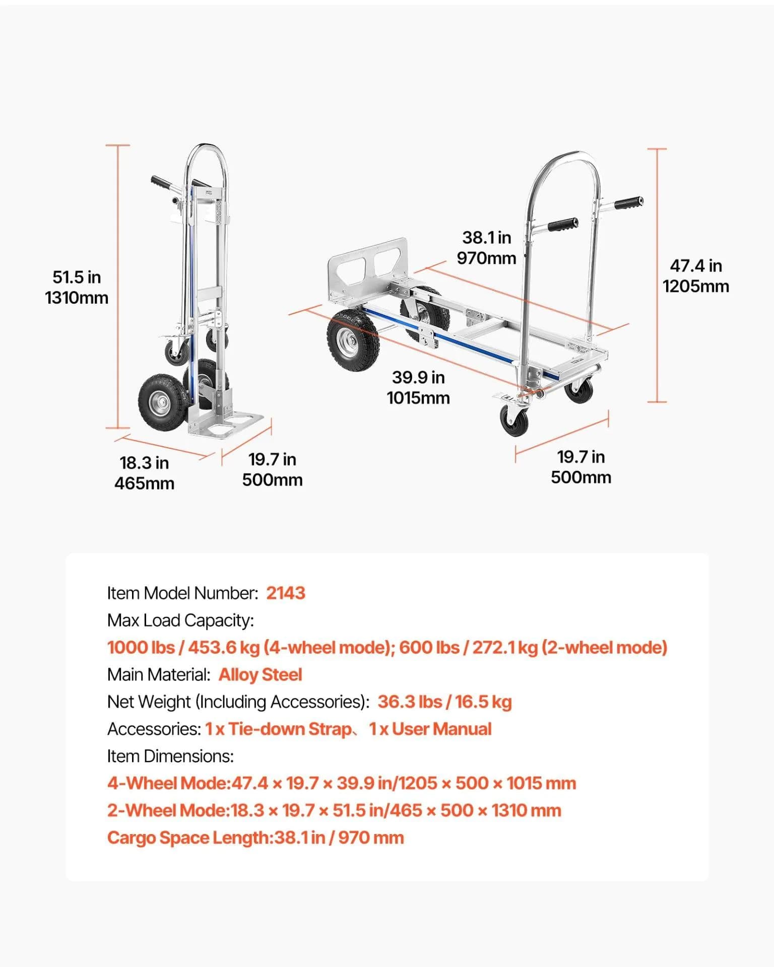 image-VEVOR 2 in 1 Hand Truck, 1000 lbs Load Capacity for 4-Wheel Mode, Convertible Hand Truck Dolly with Non-Slip Handle & Wheels, Portable Trolley Dolly for Moving Home, Office, Warehouse, Supermarket