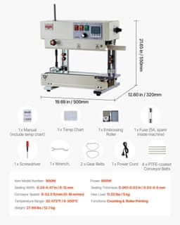 image-VEVOR Continuous Bag Band Sealing Machine, 0.24-0.47 in Seal Width, Vertical Band Sealer Machine with Roller Printing , Temp & Speed Adjustable, Heat Sealing Machine for 0.001-0.03 in Plastic Bags