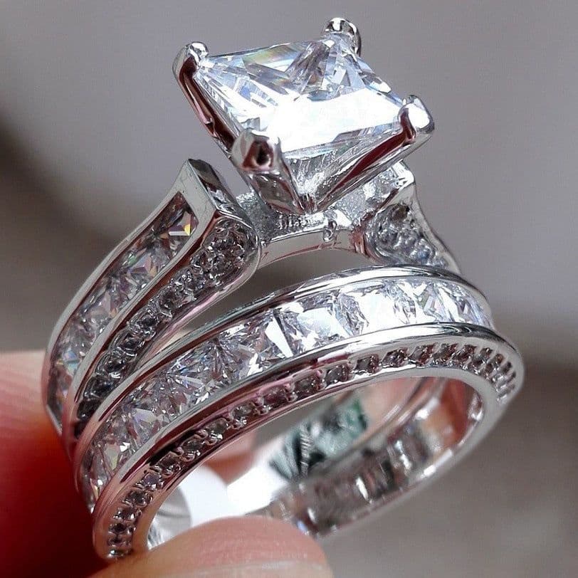 image-New Style Charm Couple Rings His Her Silver Color Princess Cut CZ Anniversary Promise Wedding Engagement Ring Sets