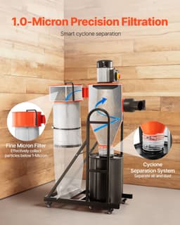 image-VEVOR Dust Collector, 763 CFM 1 Micron Cyclone Dust Collector, 1.5HP Dusts Collection System with 12.5-Gallon Dust Collector Bag & Base Stand, Smart Cyclone Separation, Dusts Separator for Woodworking