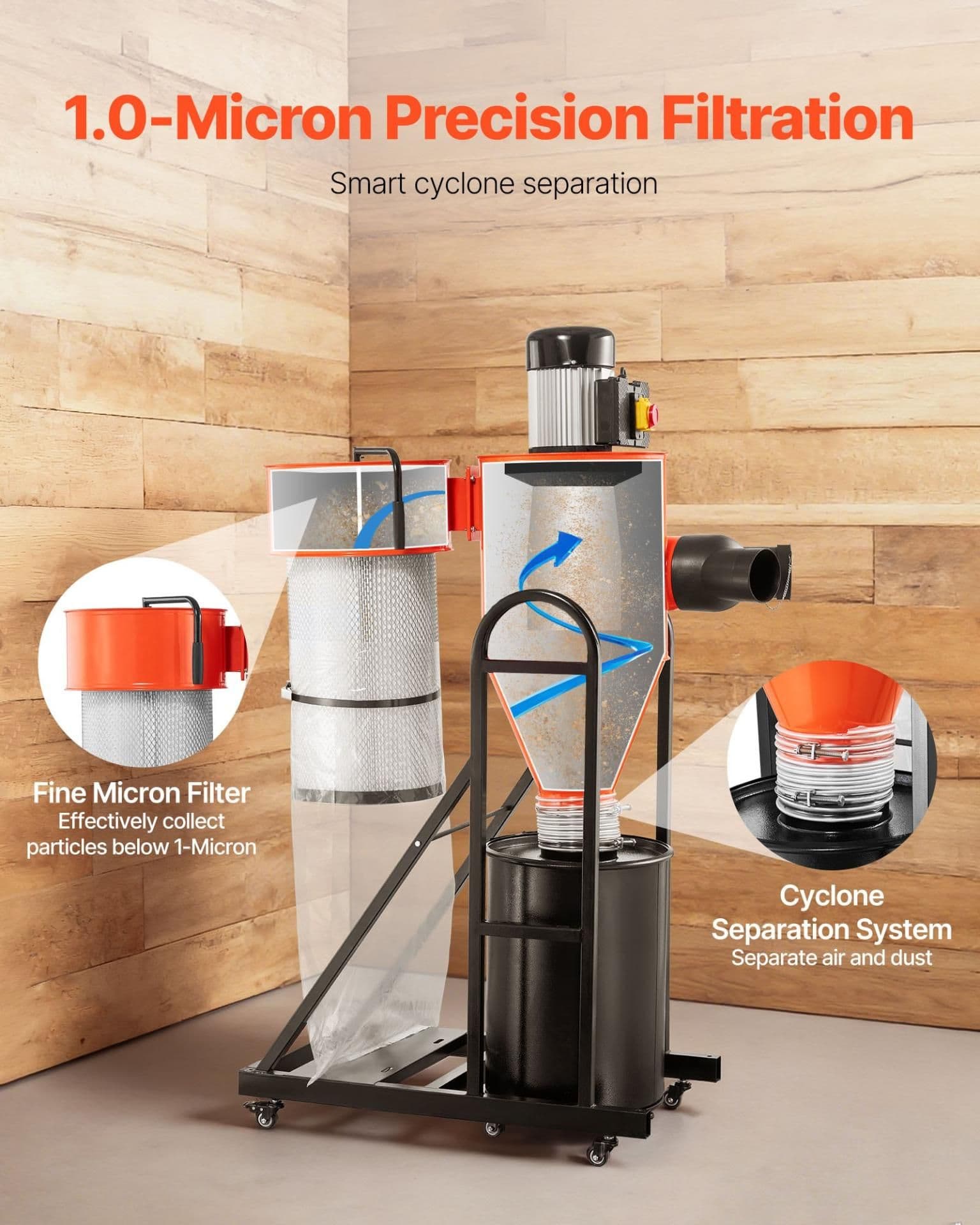 image-VEVOR Dust Collector, 763 CFM 1 Micron Cyclone Dust Collector, 1.5HP Dusts Collection System with 12.5-Gallon Dust Collector Bag & Base Stand, Smart Cyclone Separation, Dusts Separator for Woodworking