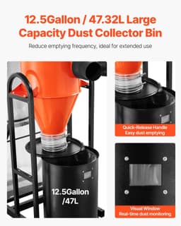 image-VEVOR Dust Collector, 763 CFM 1 Micron Cyclone Dust Collector, 1.5HP Dusts Collection System with 12.5-Gallon Dust Collector Bag & Base Stand, Smart Cyclone Separation, Dusts Separator for Woodworking