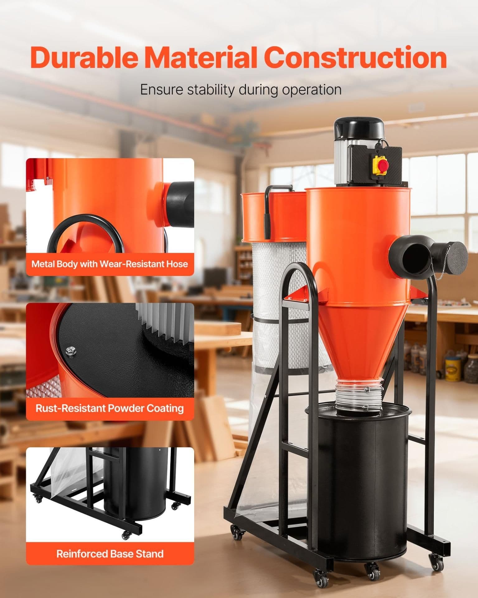 image-VEVOR Dust Collector, 763 CFM 1 Micron Cyclone Dust Collector, 1.5HP Dusts Collection System with 12.5-Gallon Dust Collector Bag & Base Stand, Smart Cyclone Separation, Dusts Separator for Woodworking