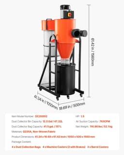 image-VEVOR Dust Collector, 763 CFM 1 Micron Cyclone Dust Collector, 1.5HP Dusts Collection System with 12.5-Gallon Dust Collector Bag & Base Stand, Smart Cyclone Separation, Dusts Separator for Woodworking