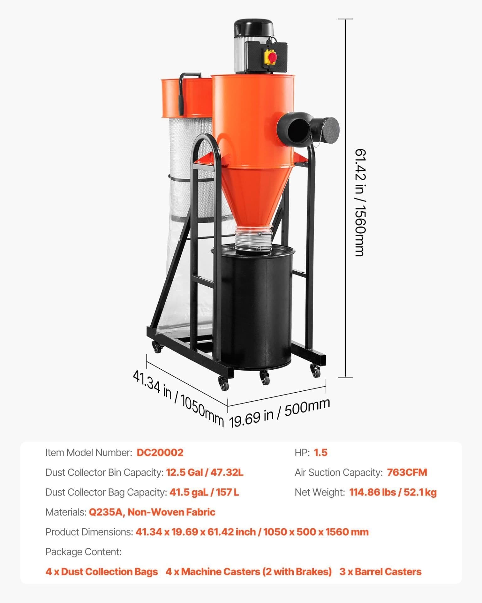 image-VEVOR Dust Collector, 763 CFM 1 Micron Cyclone Dust Collector, 1.5HP Dusts Collection System with 12.5-Gallon Dust Collector Bag & Base Stand, Smart Cyclone Separation, Dusts Separator for Woodworking