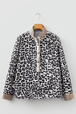 image-Multicolour Leopard Print Contrast Patchwork Cuffs Button Collared Top