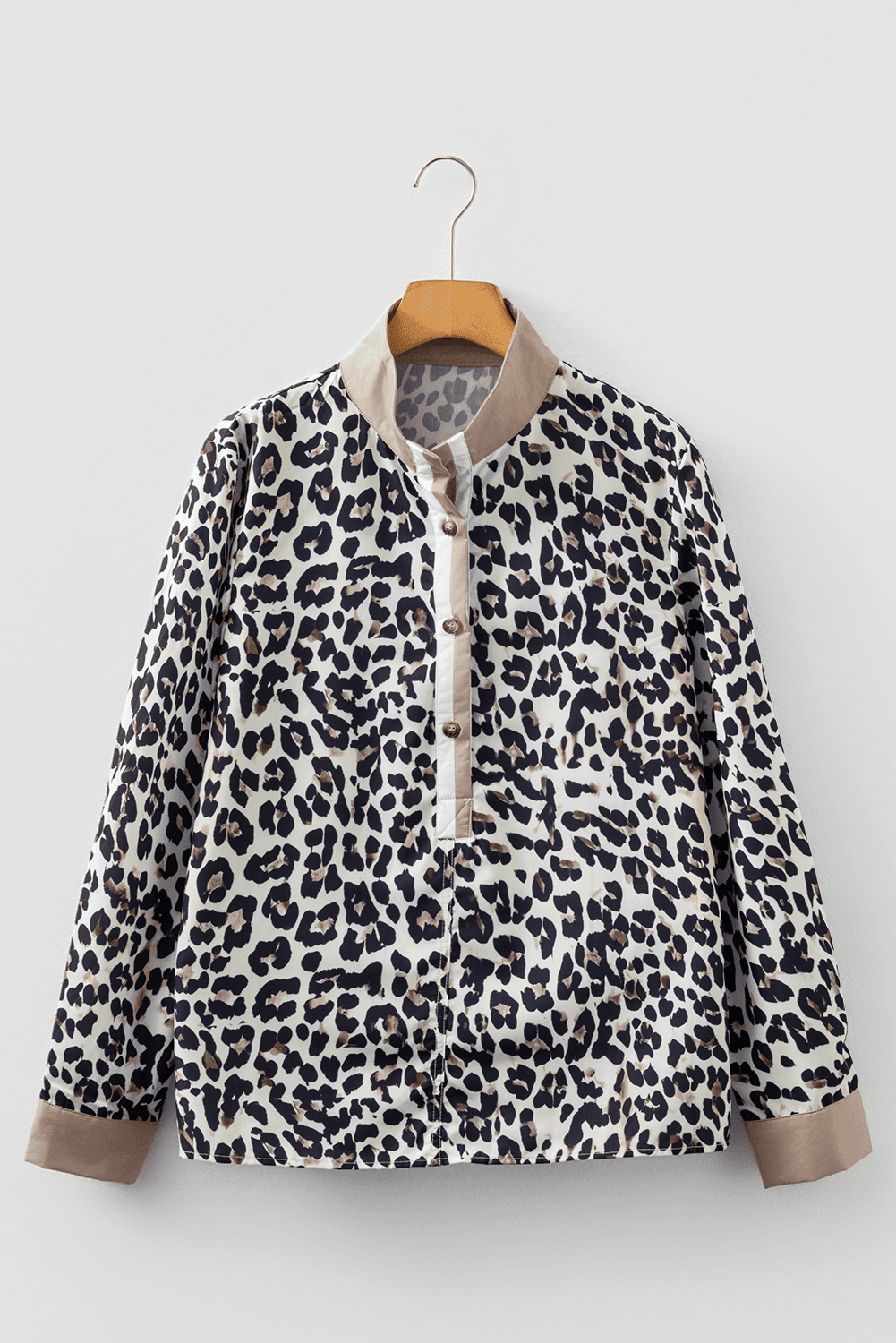 image-Multicolour Leopard Print Contrast Patchwork Cuffs Button Collared Top