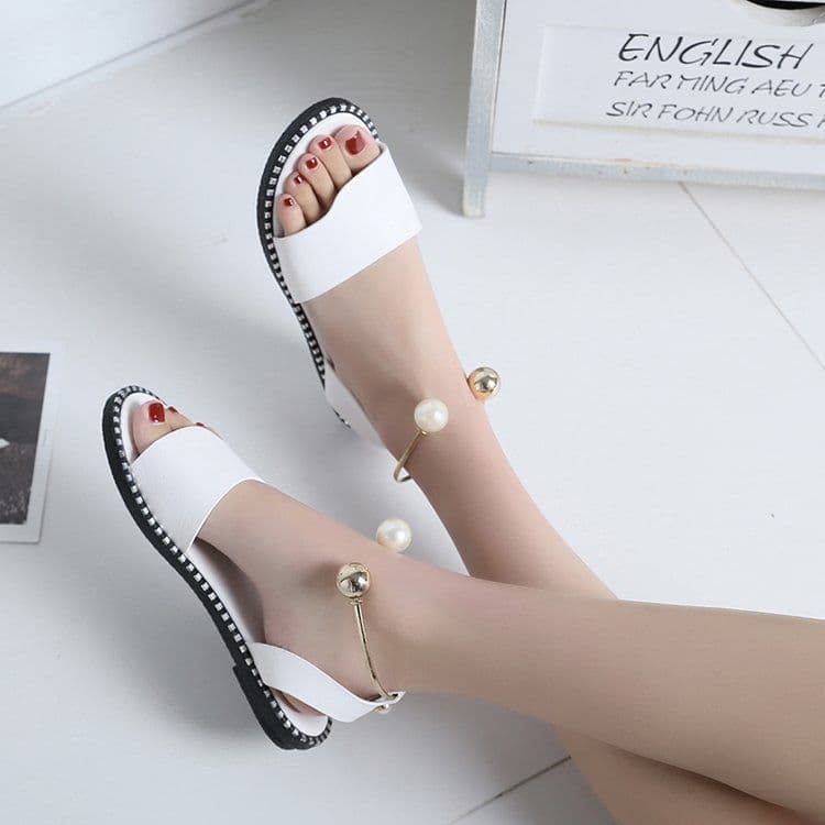 image-Foreign trade four seasons sandals women's summer open toe simple flat Roman sandals women's pearl buckle student women's shoes