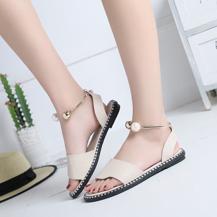 image-Foreign trade four seasons sandals women's summer open toe simple flat Roman sandals women's pearl buckle student women's shoes