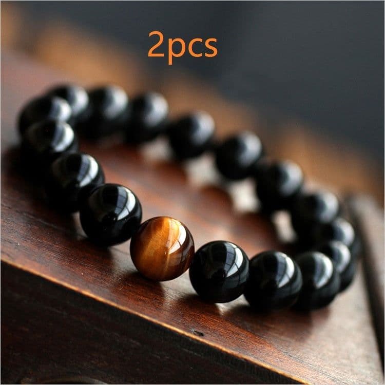 image-Natural Black Onyx With Stone Tiger Eyes Energy Bracelet