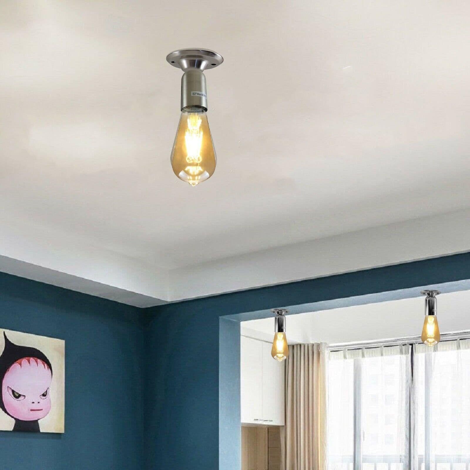 image-Industrial Vintage Retro Ceiling Satin Nickel Semi-Flush Mount Light E27 Holder~3777