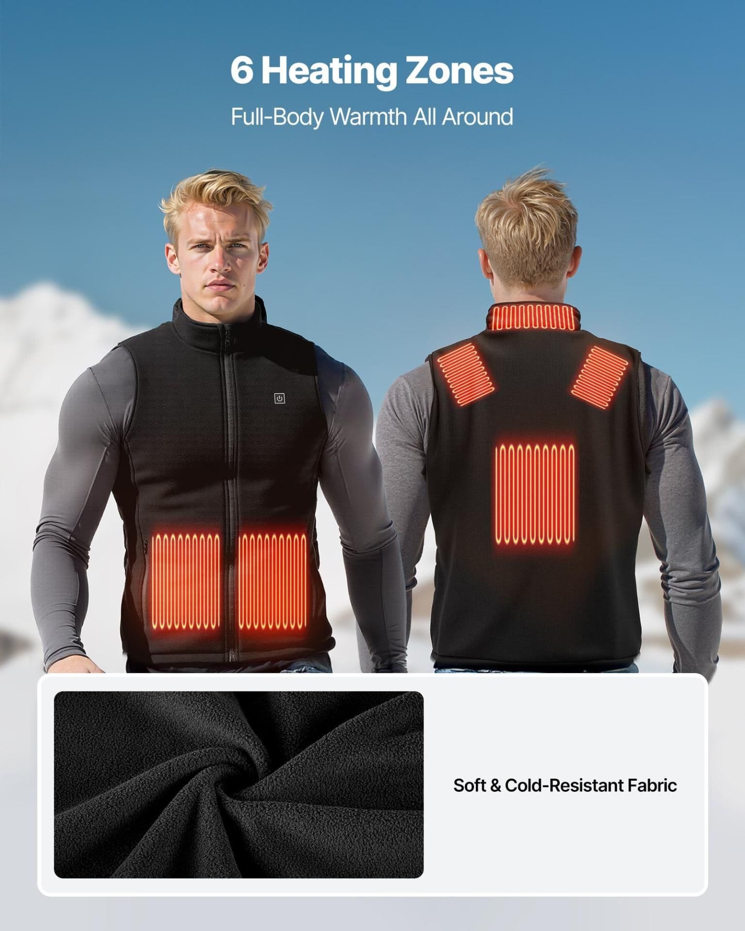 image-VEVOR Heated Vest, Men Electric Heating Vest with 16000 mAh Battery Pack, 6 Heating Zones Lightweight Rechargeable Winter-Vest with 3 Levels, for Outdoor Hiking Camping Fishing Skiing, Size XL