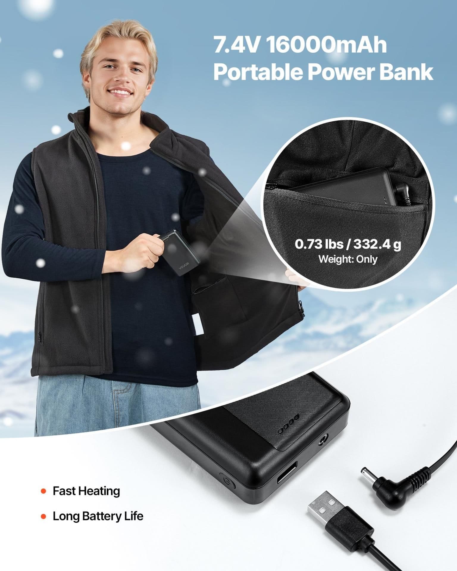 image-VEVOR Heated Vest, Men Electric Heating Vest with 16000 mAh Battery Pack, 6 Heating Zones Lightweight Rechargeable Winter-Vest with 3 Levels, for Outdoor Hiking Camping Fishing Skiing, Size XL