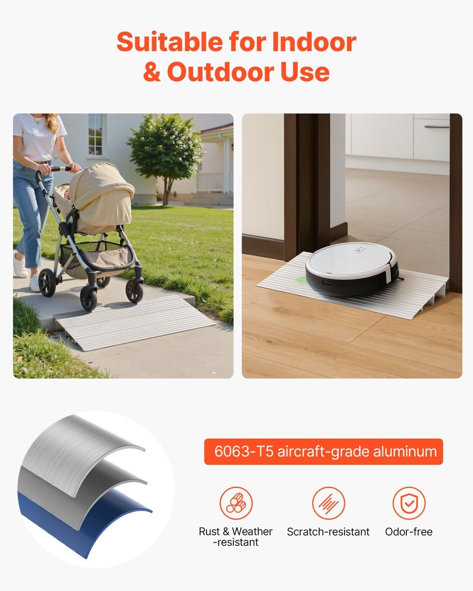image-VEVOR Door Threshold Ramp, 3 inch Rise, Aluminum Alloy Threshold Ramp Rated 800 lbs Load Capacity, Handicap Ramps for Home Steps for Wheelchair, Scooters, Power Chairs, Walkers, Bicycle, Tricycle