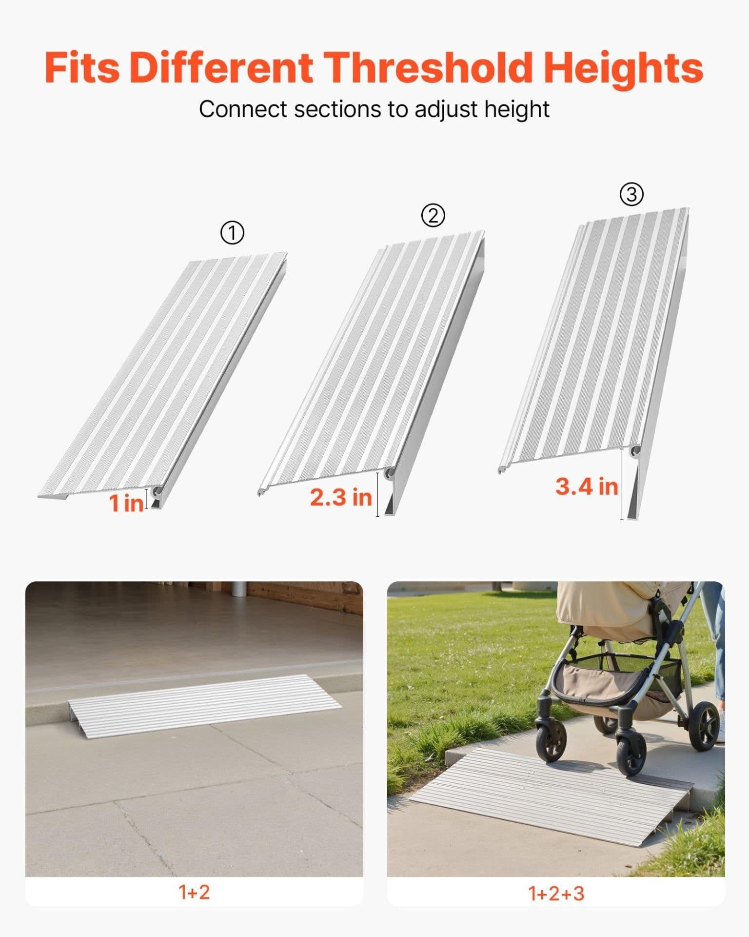 image-VEVOR Door Threshold Ramp, 3 inch Rise, Aluminum Alloy Threshold Ramp Rated 800 lbs Load Capacity, Handicap Ramps for Home Steps for Wheelchair, Scooters, Power Chairs, Walkers, Bicycle, Tricycle