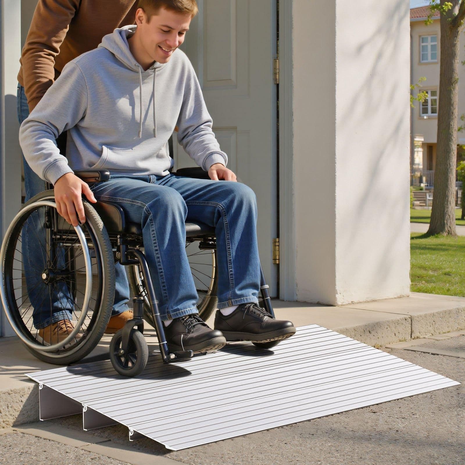 image-VEVOR Door Threshold Ramp, 3 inch Rise, Aluminum Alloy Threshold Ramp Rated 800 lbs Load Capacity, Handicap Ramps for Home Steps for Wheelchair, Scooters, Power Chairs, Walkers, Bicycle, Tricycle
