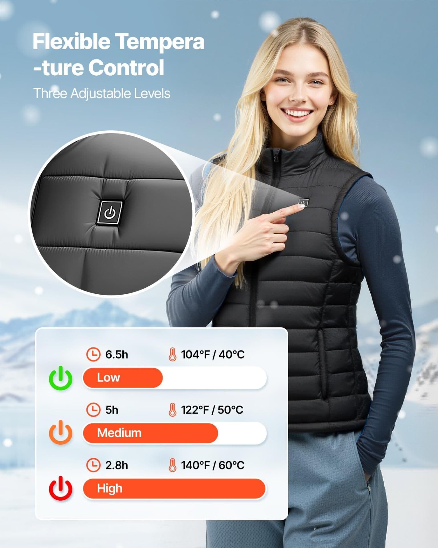 image-VEVOR Heated Vest, Women Electric Heating Vest with 16000 mAh Battery Pack, 8 Heating Zones Lightweight Rechargeable Winter-Vest with 3 Levels, for Outdoor Hiking Camping Fishing Skiing, Size L