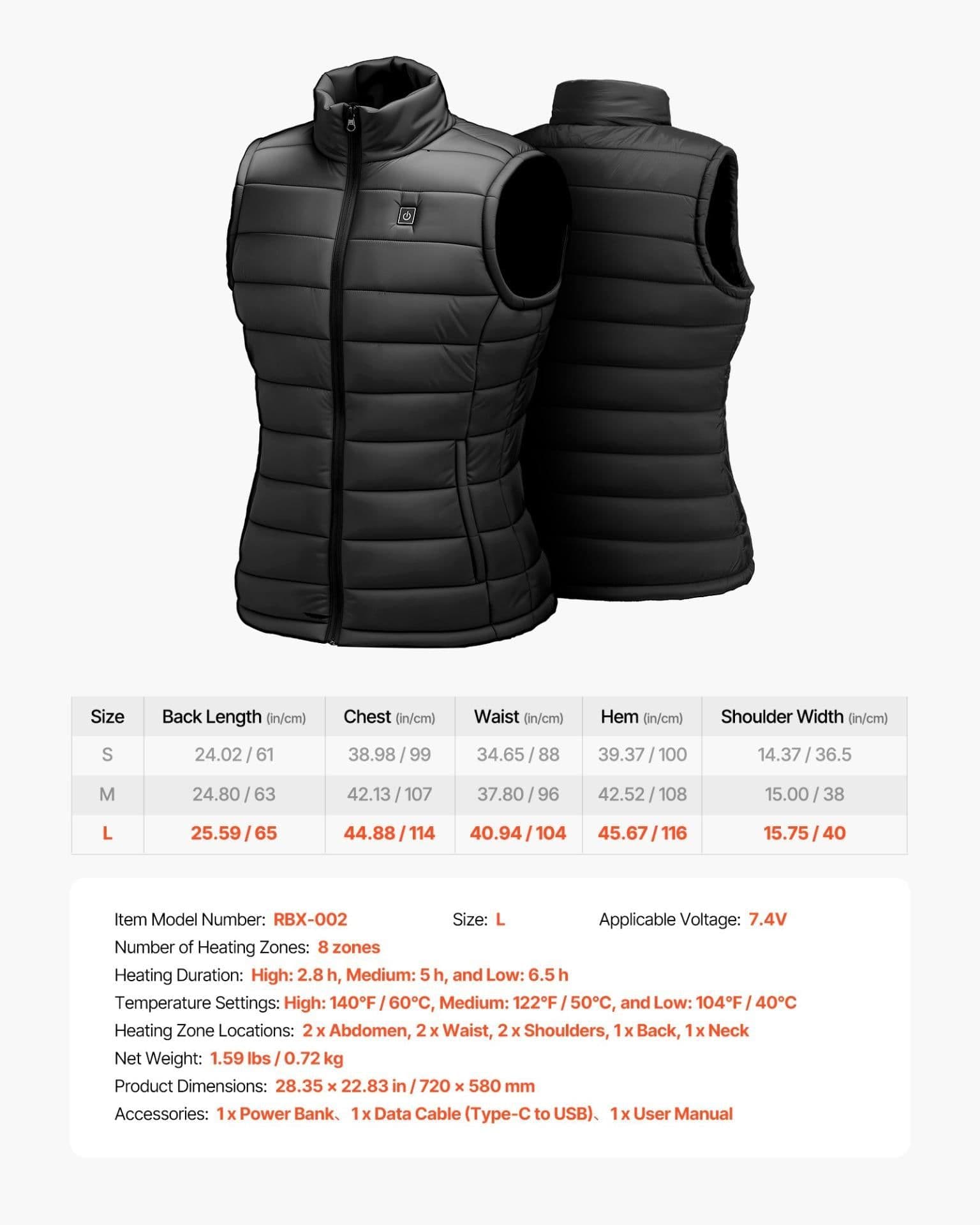 image-VEVOR Heated Vest, Women Electric Heating Vest with 16000 mAh Battery Pack, 8 Heating Zones Lightweight Rechargeable Winter-Vest with 3 Levels, for Outdoor Hiking Camping Fishing Skiing, Size L