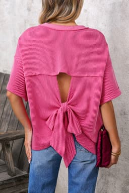 image-Rose Red Spiral Ribbed Cutout Bow T Shirt