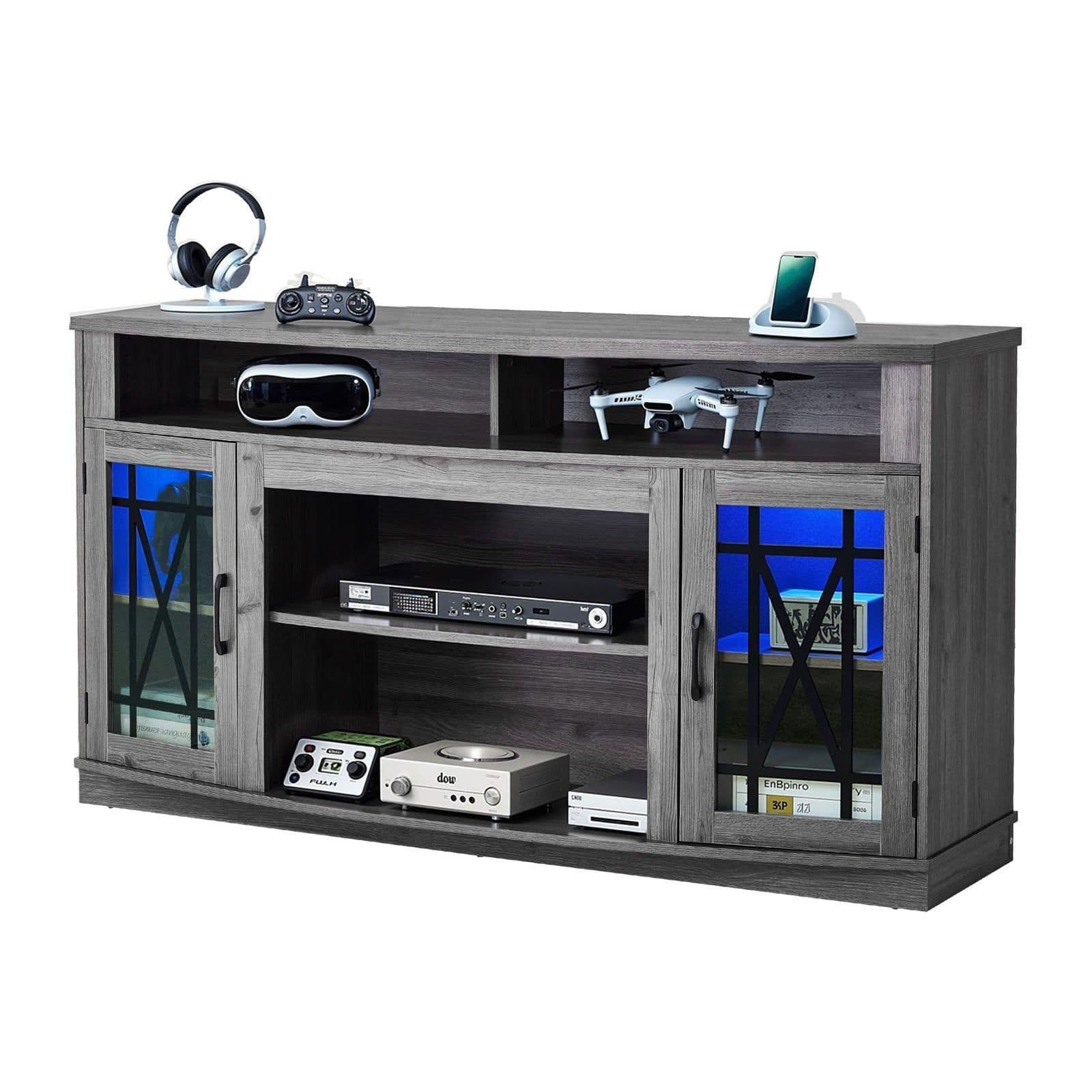 image-VEVOR TV Stand for TVs up to 65 inch, Farmhouse Entertainment Center with Light Strip, Wooden TV Cabinet Storage with Glass Doors and Adjustable Shelves, Console Table for Living Room, Bedroom, Gray