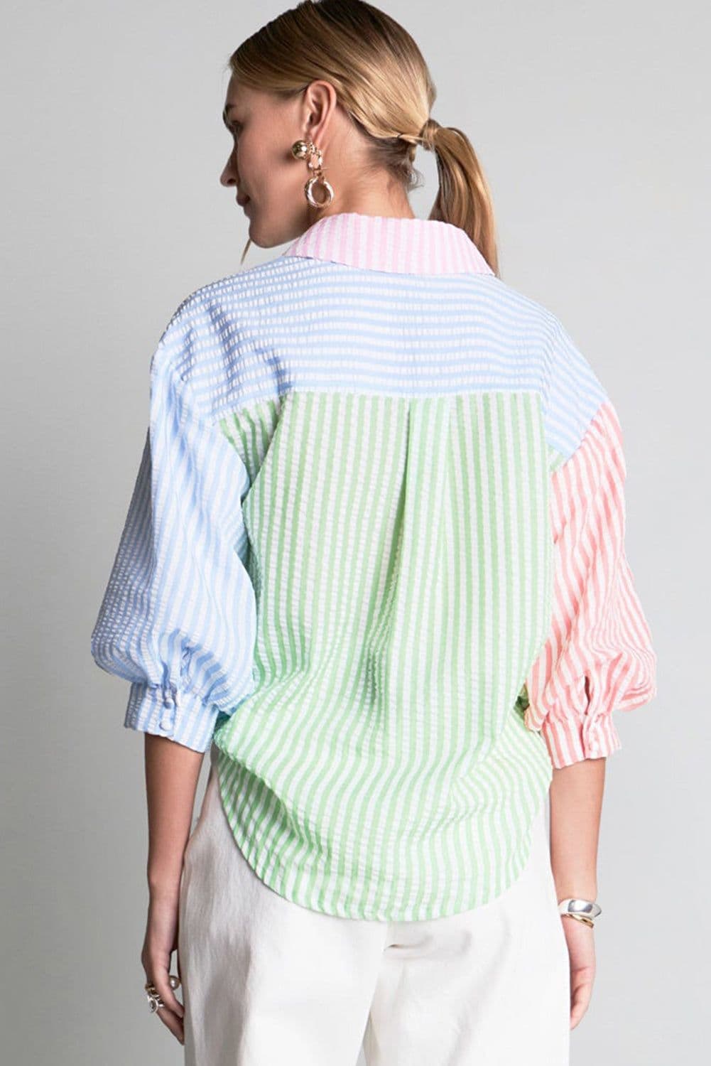 image-Pink Stripe Balloon Sleeve Buttoned Shirt - Loose Fit (65 characters)