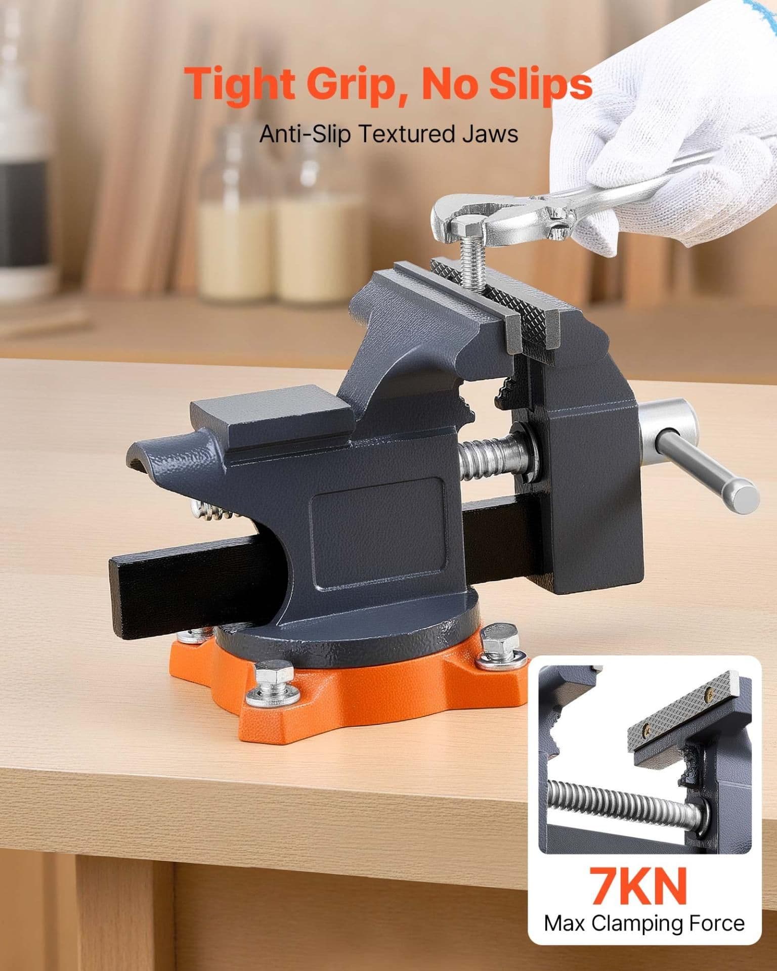 image-VEVOR Bench Vise, 4.5 Inch, Portable Workbench Vice with 270° Swivel Base, Quick Release Rotating Bench Clamp, Cast Iron Construction, for Woodworking, Metalworking, Drilling, Sawing, Cutting Conduit