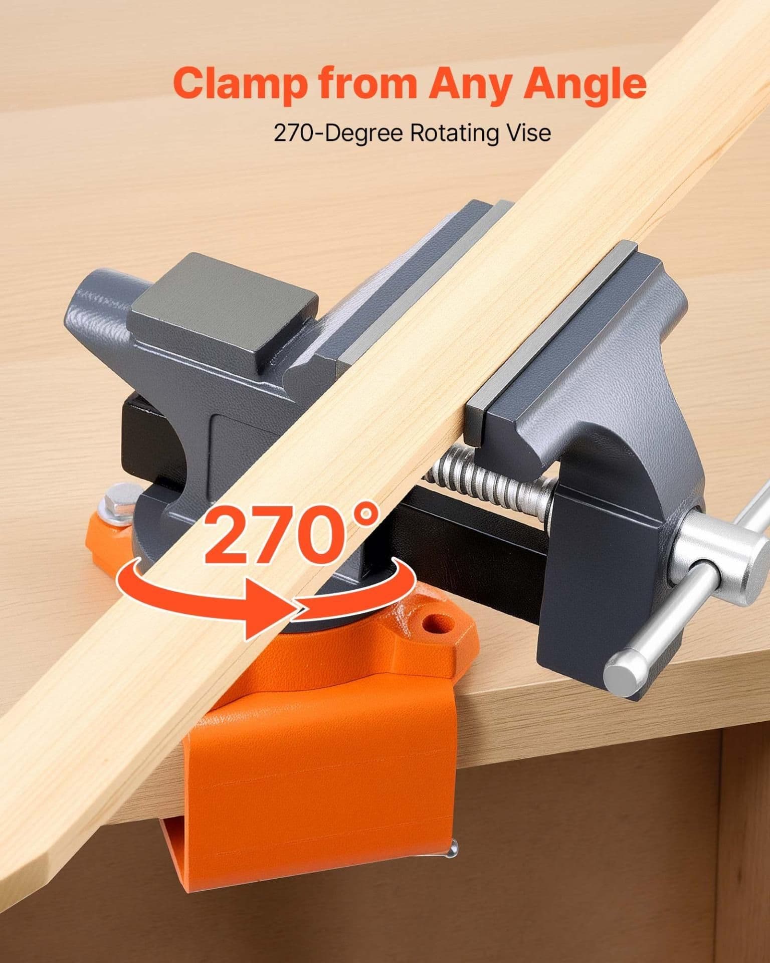 image-VEVOR Bench Vise, 4.5 Inch, Portable Workbench Vice with 270° Swivel Base, Quick Release Rotating Bench Clamp, Cast Iron Construction, for Woodworking, Metalworking, Drilling, Sawing, Cutting Conduit