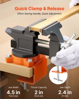 image-VEVOR Bench Vise, 4.5 Inch, Portable Workbench Vice with 270° Swivel Base, Quick Release Rotating Bench Clamp, Cast Iron Construction, for Woodworking, Metalworking, Drilling, Sawing, Cutting Conduit