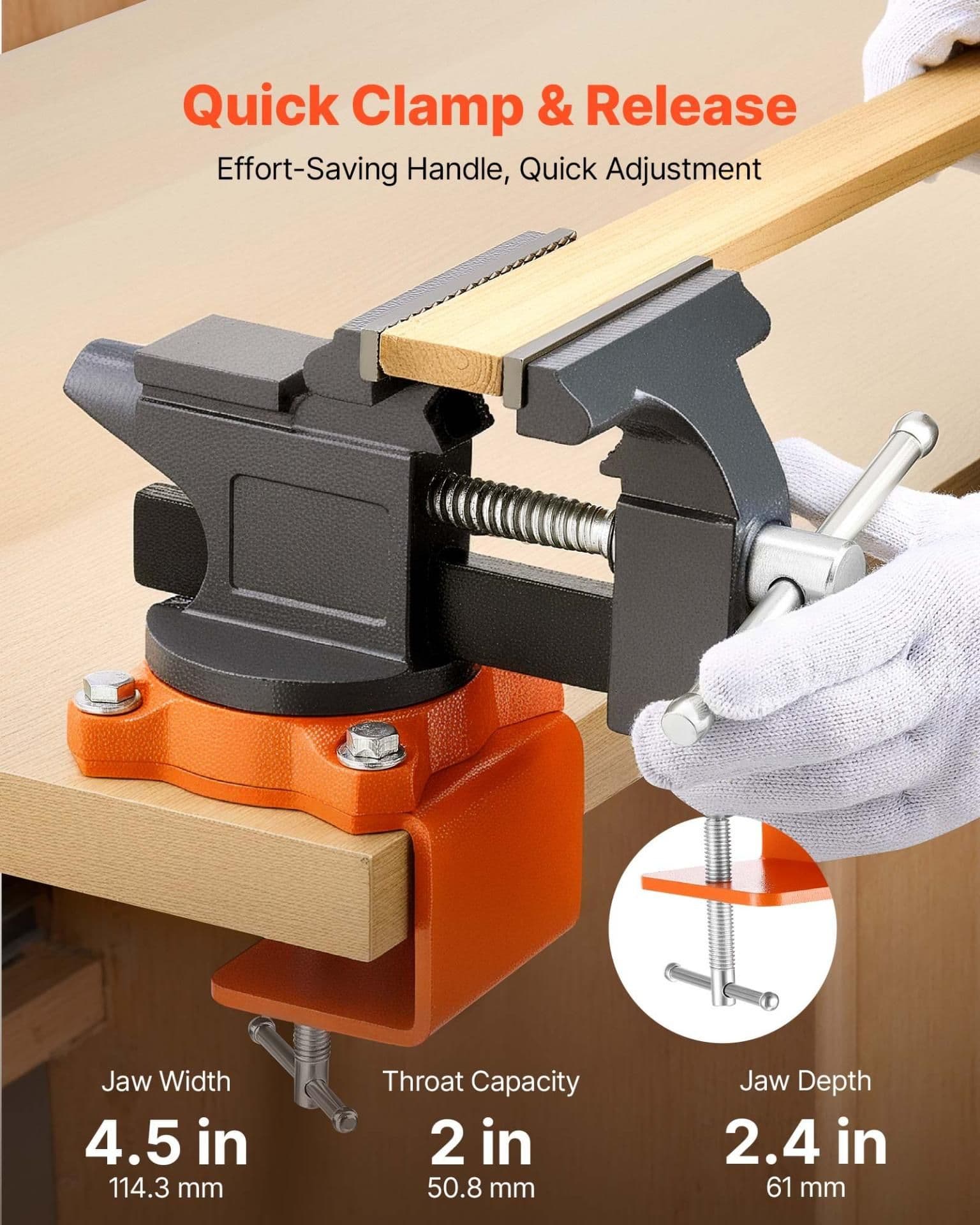 image-VEVOR Bench Vise, 4.5 Inch, Portable Workbench Vice with 270° Swivel Base, Quick Release Rotating Bench Clamp, Cast Iron Construction, for Woodworking, Metalworking, Drilling, Sawing, Cutting Conduit