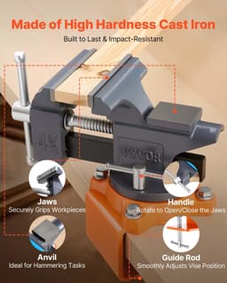 image-VEVOR Bench Vise, 4.5 Inch, Portable Workbench Vice with 270° Swivel Base, Quick Release Rotating Bench Clamp, Cast Iron Construction, for Woodworking, Metalworking, Drilling, Sawing, Cutting Conduit