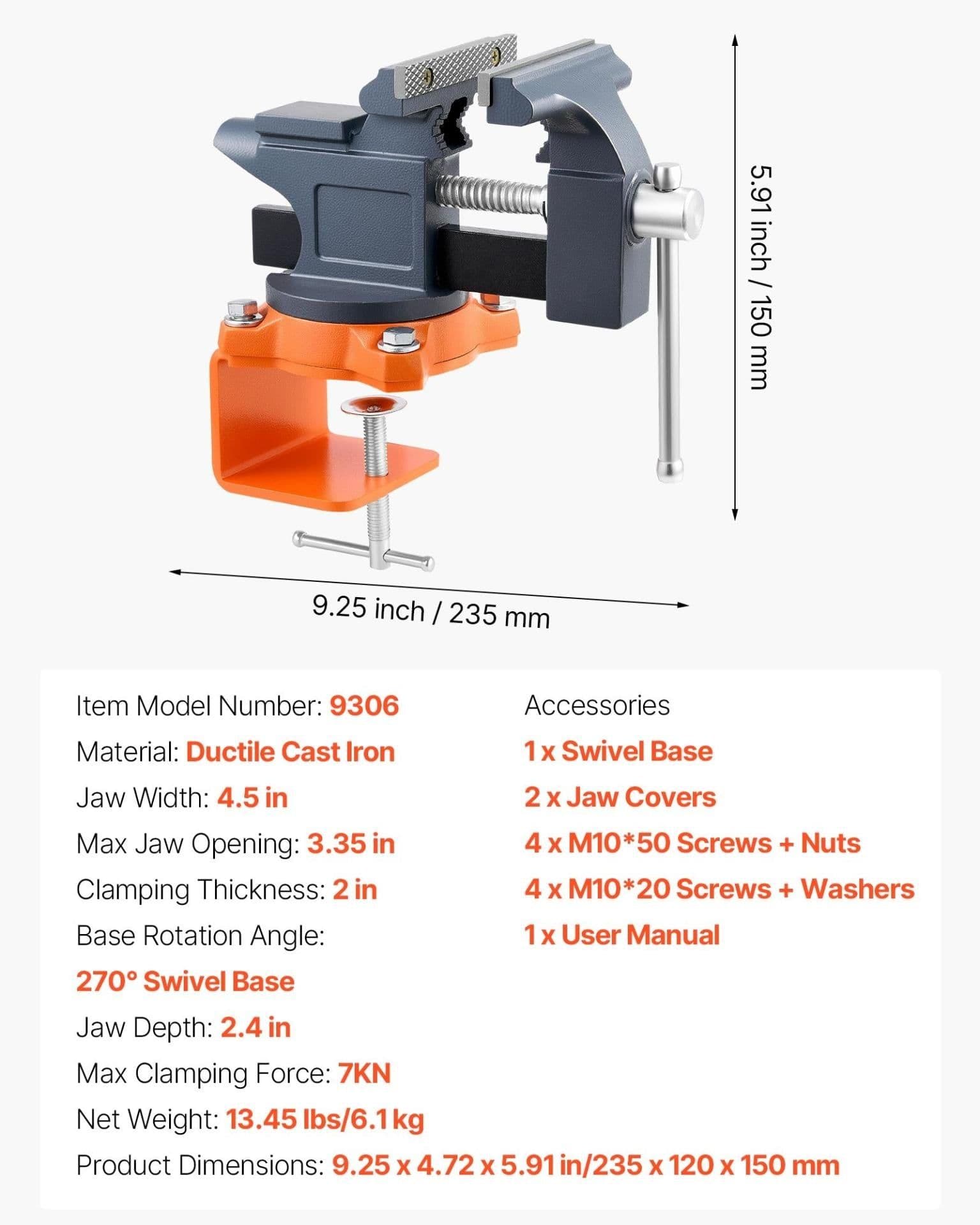 image-VEVOR Bench Vise, 4.5 Inch, Portable Workbench Vice with 270° Swivel Base, Quick Release Rotating Bench Clamp, Cast Iron Construction, for Woodworking, Metalworking, Drilling, Sawing, Cutting Conduit