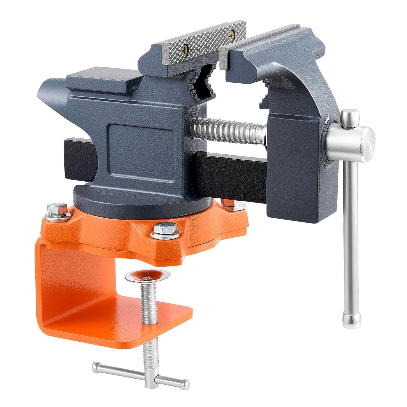 image-VEVOR Bench Vise, 4.5 Inch, Portable Workbench Vice with 270° Swivel Base, Quick Release Rotating Bench Clamp, Cast Iron Construction, for Woodworking, Metalworking, Drilling, Sawing, Cutting Conduit