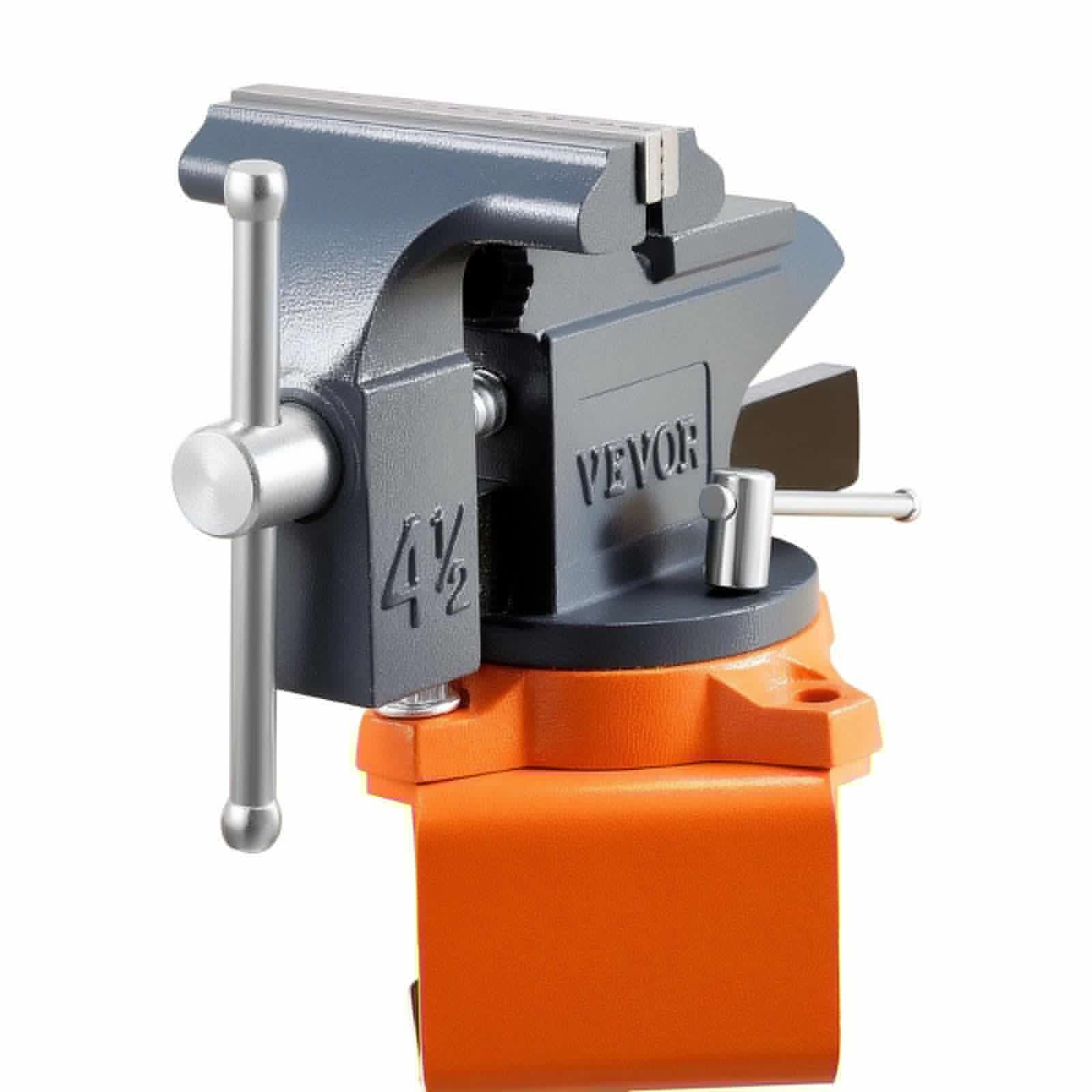 image-VEVOR Bench Vise, 4.5 Inch, Portable Workbench Vice with 270° Swivel Base, Quick Release Rotating Bench Clamp, Cast Iron Construction, for Woodworking, Metalworking, Drilling, Sawing, Cutting Conduit