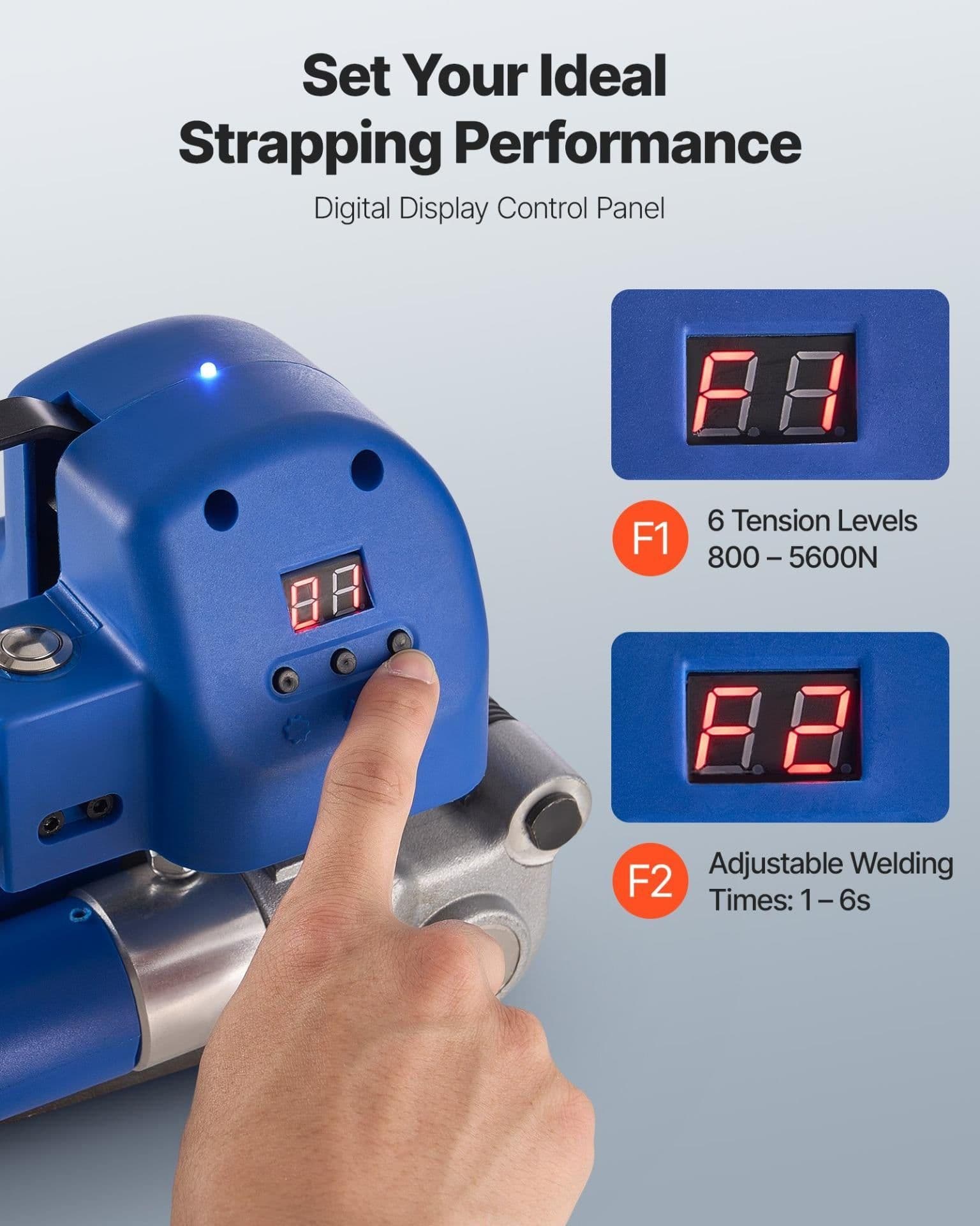 image-VEVOR Electric Strapping Machine, 2 x 4000mAh Batteries, Automatic Strapping Tool with Digital Display for 0.394-0.748 inches Wide PET Straps, Handheld Banding Tools for Packaging Box Pallet