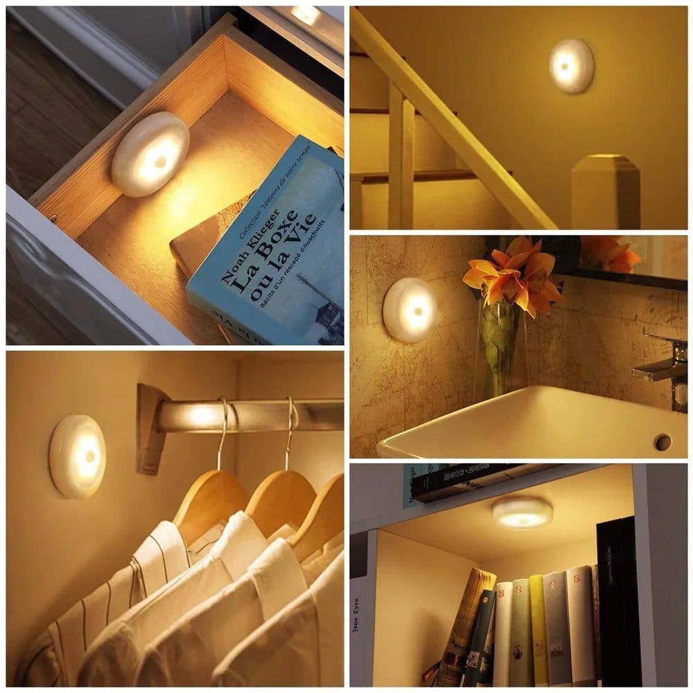 image-Wireless Round Motion Sensor LED Night Light Battery Powered Cabinet Night Lamp Bedside Lights For Bedroom Home Closet Lighting