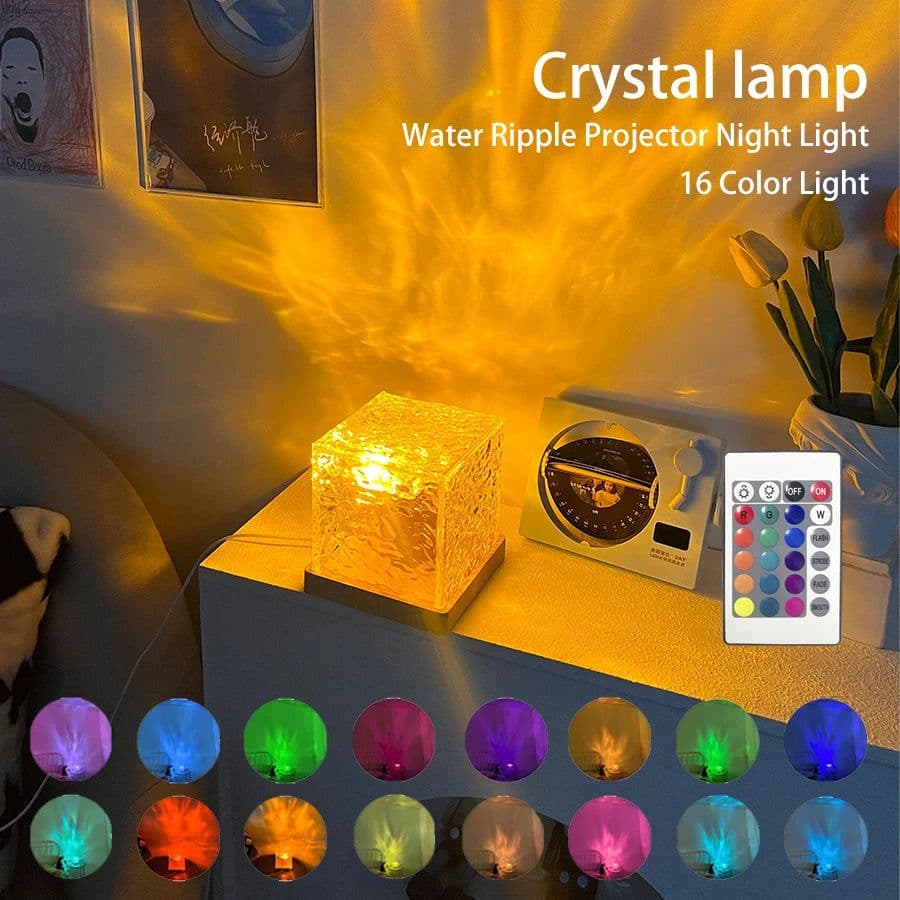 image-Dynamic Rotating Water Ripple Projector Night Light 3/16 Colors Flame Crystal Lamp for Living Room Study Bedroom Rotating Light