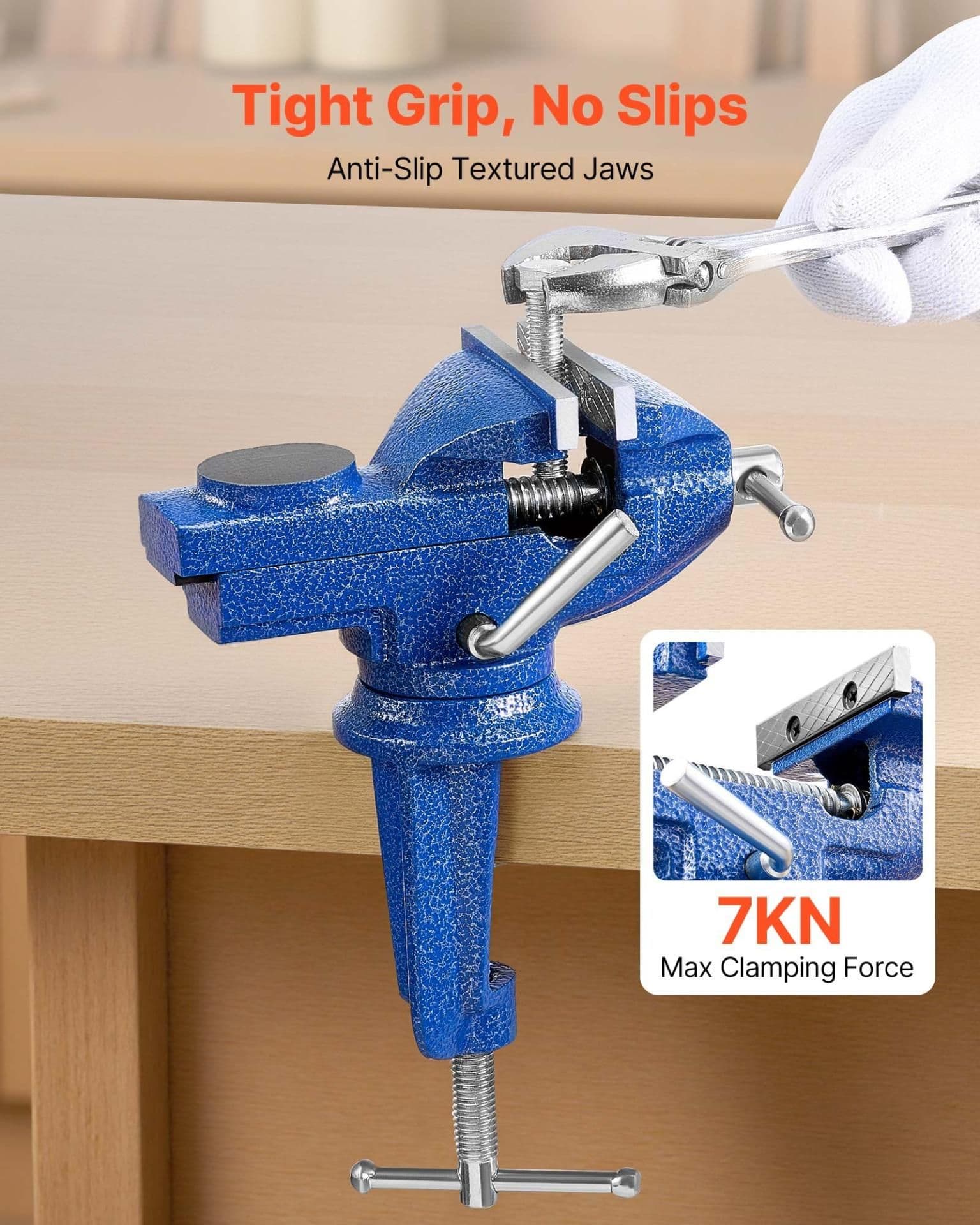 image-VEVOR Bench Vise, 3 Inch, Portable Workbench Vice with 360° Swivel Base, Quick Release Rotating Bench Clamp, Raised Base, Cast Iron Construction, for Woodworking, Metalworking, Drilling, and Cutting