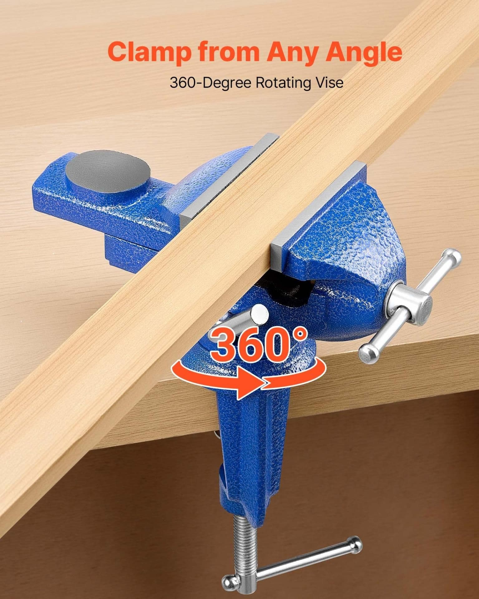 image-VEVOR Bench Vise, 3 Inch, Portable Workbench Vice with 360° Swivel Base, Quick Release Rotating Bench Clamp, Raised Base, Cast Iron Construction, for Woodworking, Metalworking, Drilling, and Cutting