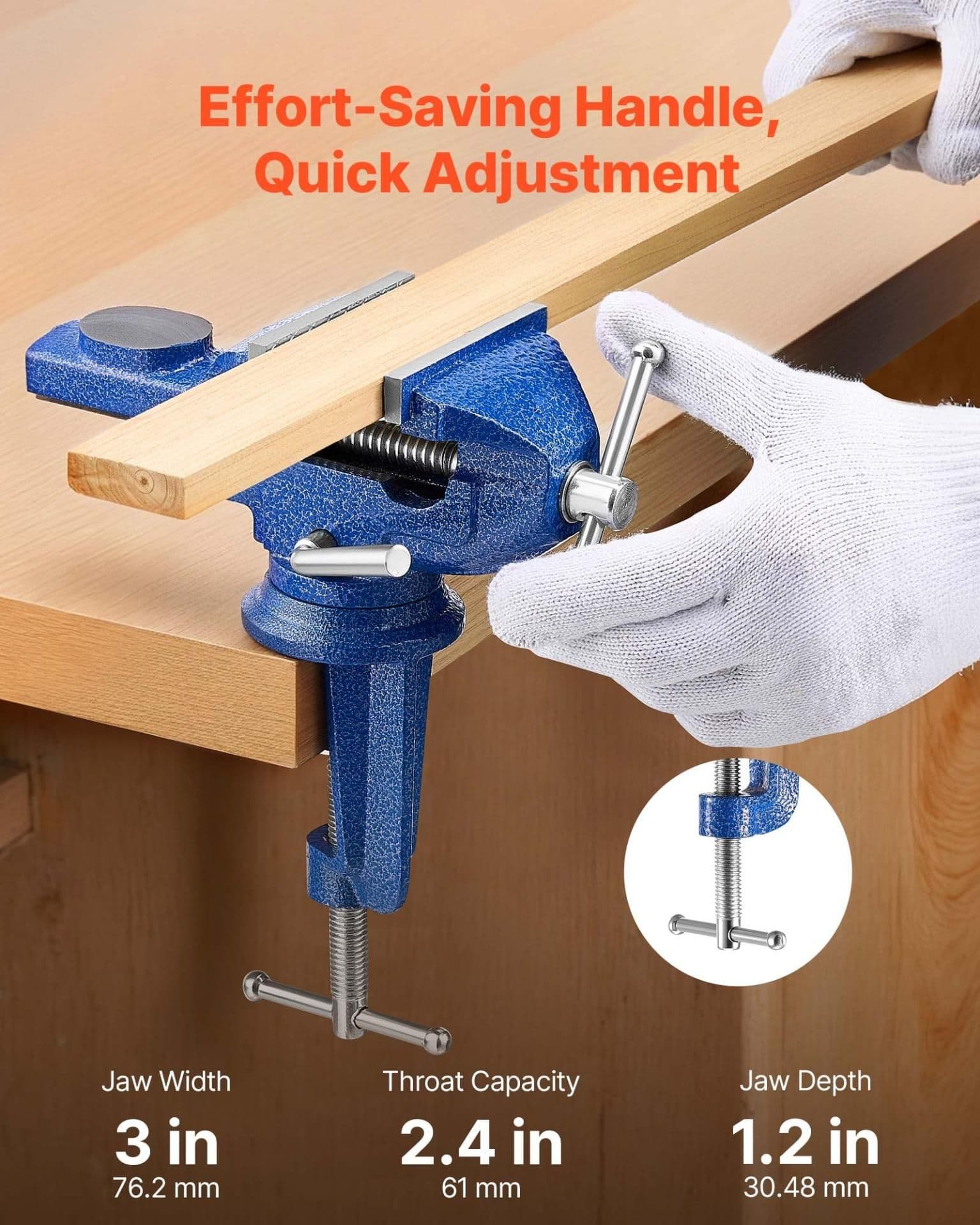 image-VEVOR Bench Vise, 3 Inch, Portable Workbench Vice with 360° Swivel Base, Quick Release Rotating Bench Clamp, Raised Base, Cast Iron Construction, for Woodworking, Metalworking, Drilling, and Cutting