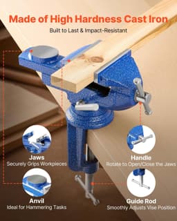 image-VEVOR Bench Vise, 3 Inch, Portable Workbench Vice with 360° Swivel Base, Quick Release Rotating Bench Clamp, Raised Base, Cast Iron Construction, for Woodworking, Metalworking, Drilling, and Cutting